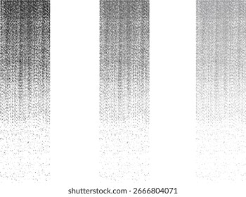 Conjunto de tres Gradientes semitono de Vertical en negro, gris oscuro y gris claro. Transición de patrón de puntos que crea un efecto de desvanecimiento texturizado. Abstractas diseño monocromo ideal para fondos, efectos de impresión.