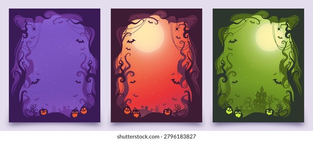 Set of three vertical Halloween background posters featuring silhouettes of haunted houses, tombstones, pumpkins, bats, and gnarly trees in purple, orange, and green color themes.