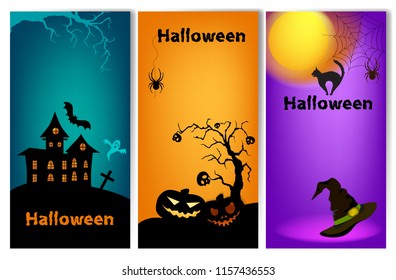 Set of three vertical Halloween banners. Halloween banner template. Place for your text.