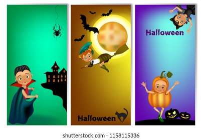 Set of three vertical Halloween banners with cute kids in costume . Halloween banner template with place for your text.