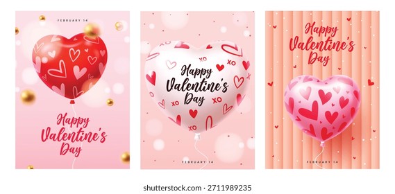 Conjunto de tres diseños de tarjetas de felicitación de feliz día de San Valentín de Vertical con globos en forma de corazón 3D, luces bokeh, esferas de oro, fondos estampados rosas y rojos. 