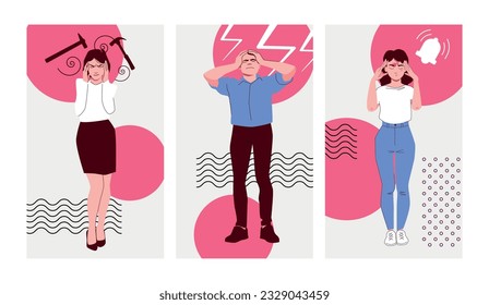 Set of three vertical headache pain flat compositions with doodle style suffering human characters and icons vector illustration