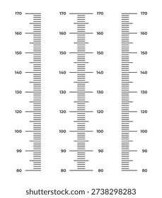 Set of three vertical height measurement scales with centimeter markings ranging from 80 to 170. Perfect for medical tracking, child growth charts, or fitness monitoring.