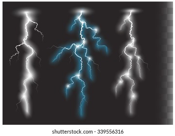 Set of three vertical isolated realistic lightnings with transparency for design. Thunder-storm and lightnings. Magic and bright lighting effects. Natural effects