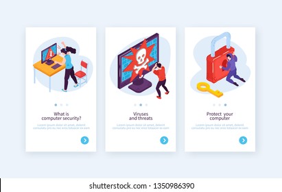 Set of three vertical isometric hacker banners with conceptual images of people hacking systems with text vector illustration