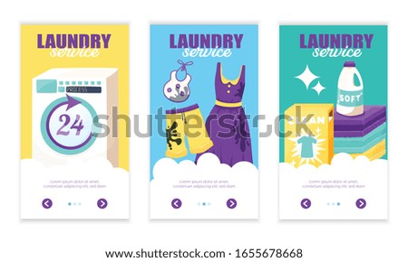 Set of three vertical laundry banners with arrow buttons ornate text with dirty and clean clothes vector illustration