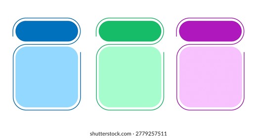Set of three vertical layout blocks featuring blue green and purple header tabs. Semi transparent white containers for text placement with thin outline accents for contemporary presentation slides.