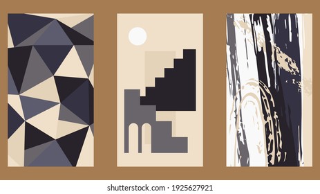 A set of three vertical minimalist backgrounds in boho style. Illustrations for cover design, social media, stories. Abstract posters with different geometric shapes, sun, stairs, arch, brush stroke.