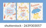 Set of Three Vertical Monsoon Sale Posters. Colorful Umbrellas and Rubber Boots under Raindrops. Text in Cloud Shapes. Flat Hand Drawn Vector Illustration for Seasonal Promotion Design.