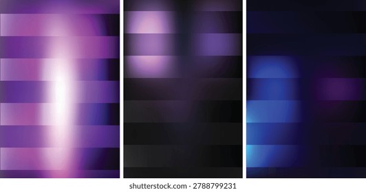 A set of three vertical panels featuring abstract, blurred light effects. The panels display horizontal bands of purple, black, and blue gradients, creating a modern, digital, and atmospheric aestheti
