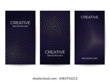 set of three vertical panels with a sleek dark purple background and an abstract geometric pattern.