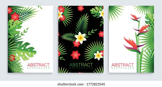 Set of three vertical posters with images of paper tropical leaves and flowers with editable text vector illustration