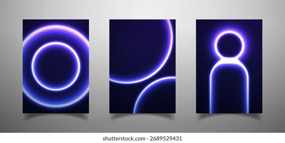 Set of three vertical posters with purple neon glow shapes
