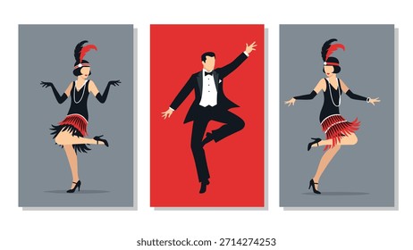 Conjunto de tres carteles de Vertical que muestran a las elegantes mujeres flapper de la década de 1920 en vestidos con flecos y a un hombre dapper en un esmoquin bailando con estilo Gatsby.
