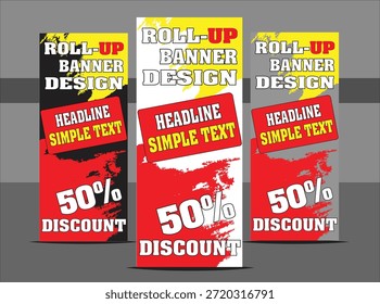 Set of three vertical roll-up banner templates featuring a bold, high-contrast grunge aesthetic in black, white, and red color schemes. Each design prominently displays a "50% Discount" promotional offer with a textured, distressed background, ideal for retail sales, street-wear branding, and high-impact marketing events.