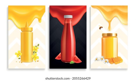Set of three vertical sauces realistic cards with compositions of colorful splash spots and plastic bottles vector illustration