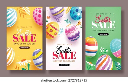 A set of three vertical social media story templates for an Easter sale featuring colorful eggs, floral elements, and a fifty percent off discount message.