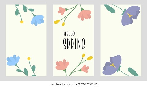 Conjunto de tres Plantillas de historia de primavera de Vertical en estilo minimalista. Fondos de Vector con marcos y decoraciones florales de esquina.