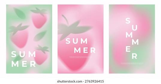 Set of three vertical summer posters featuring abstract blurred strawberry shapes. Minimalist design with soft pink and green gradients, stylish typography and fresh seasonal aesthetic