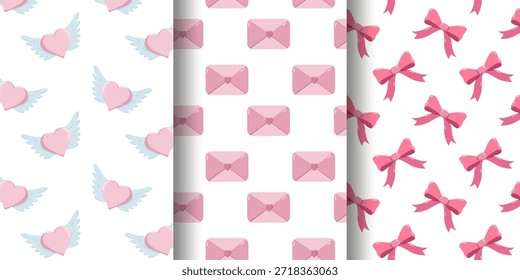 Set of three vertical Valentine s Day patterns winged hearts, love envelopes, and pink bows. Perfect for romantic designs, festive wrapping paper, or themed decorations