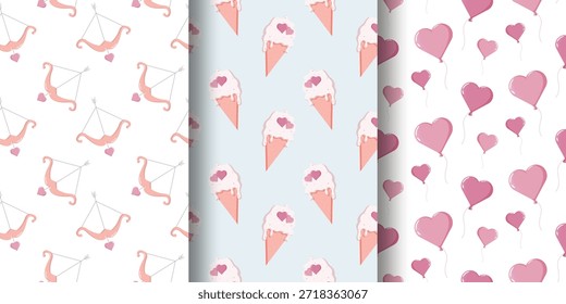 Conjunto de tres patrones de Vertical del Día de San Valentín flechas con punta de corazón, conos de helado con aderezos de corazón y globos de corazón flotantes. Perfecto para diseños románticos y decoraciones festivas