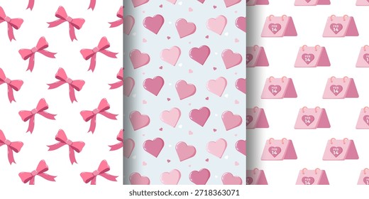 Set of three vertical Valentine s Day patterns pink bows, heart clusters, and FEB 14 desk calendars. Perfect for romantic designs, festive wrapping paper, or themed decorations