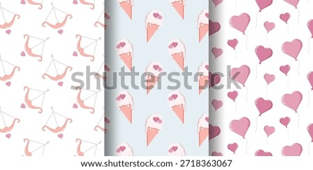 Set of three vertical Valentine s Day patterns heart-tipped arrows, ice cream cones with heart toppings, and floating heart balloons. Perfect for romantic designs and festive decorations