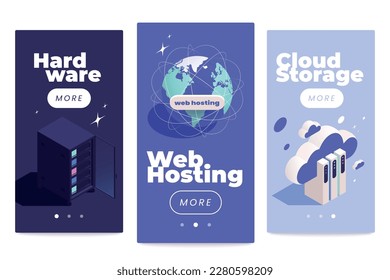 Set of three vertical web hosting mobile app banners with isometric icons of network infrastructure elements vector illustration