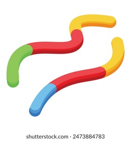Set of three vibrant cartoon boomerangs depicted in a playful, dynamic arrangement, isolated on a white backdrop
