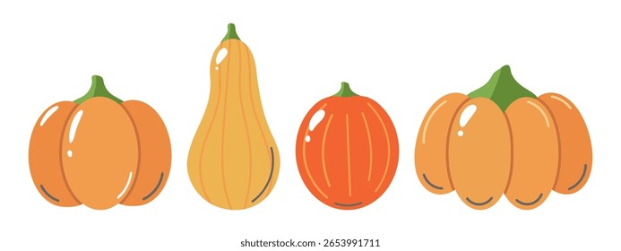 A set of three vibrant, cartoon style pumpkins in various shapes and sizes, with green stems and orange hues, perfect for autumn or Halloween designs. Vector illustration