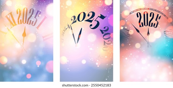 A set of three vibrant clock designs counting down to 2025, featuring colorful bokeh, Roman numerals, and modern timepiece graphics for New Year celebrations.