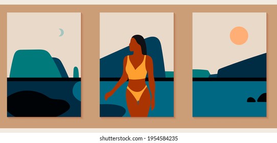 A set of three vibrant, creative cartoon posters. Minimalistic abstract backgrounds for your social networks, stories. Silhouette of a girl in a bikini. Landscapes with sun, mountains, sea, sunset
