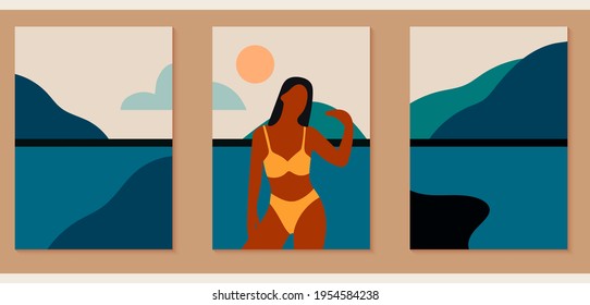 A set of three vibrant, creative cartoon posters. Minimalistic abstract backgrounds for your social networks, stories. Silhouette of a girl in a bikini. Landscapes with sun, mountains, sea, sunset