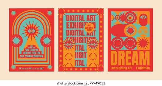 Set of three vibrant digital art exhibition posters. Bold colors in red and yellow, geometric shapes, and eye motifs. Psychedelic digital art theme. Psychedelic retro poster template vectors.