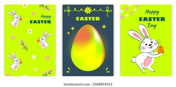 Set of three vibrant Easter greeting cards featuring cute bunnies, decorated eggs, and festive floral elements, perfect for holiday celebrations and seasonal greetings. Vector art.