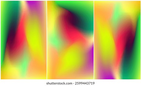 Set of three vibrant gradients featuring smooth blends of red, green, Orange, yellow and blue. Each gradient offers a unique transition, creating a bold and dynamic visual.