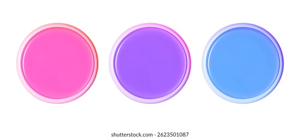 Conjunto de tres vibrantes Botones holográficos 3D en rosa, púrpura y azul. Elementos de diseño futuristas para aplicaciones de interfaz de usuario y Web.