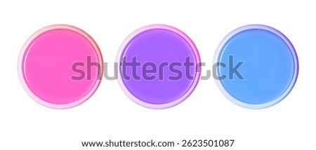 Set of three vibrant holographic 3D buttons in pink, purple, and blue. Futuristic design elements for user interface and web applications.