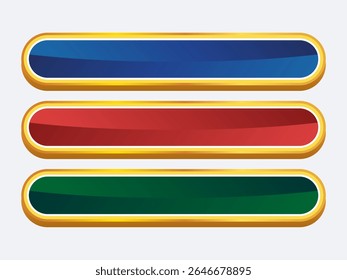 Set of three vibrant horizontal buttons in metallic blue, red, and green, each with gold borders.Ideal for UI design, text box banner, button or title frame.Perfect for call to action