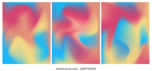 Set three vibrant mesh gradient backgrounds with blue red yellow colors. Blurred Color Wave.