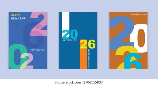 A set of three vibrant and modern posters celebrating the year 2026, perfect for New Years greetings and festive designs.