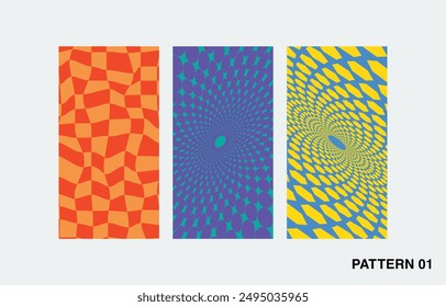 Set of three vibrant optical illusion patterns with dynamic shapes and vivid colors, creating a mesmerizing visual effect. Perfect for modern design projects and artistic expressions.