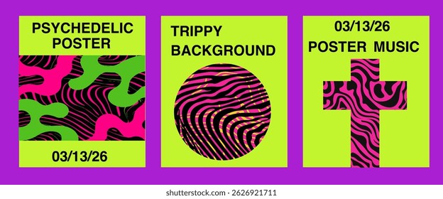 Set of three vibrant, psychedelic vector posters with wavy, trippy designs and abstract shapes in neon green, black, and pink.