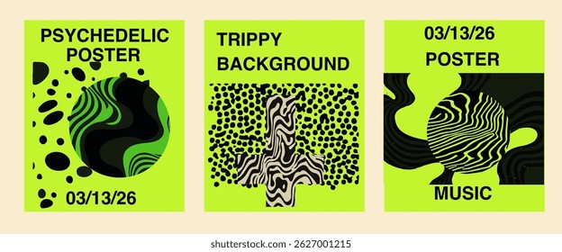 Set of three vibrant, psychedelic vector posters with wavy, trippy designs and abstract shapes in neon green, black, and cream. Bold text highlights event themes and dates.