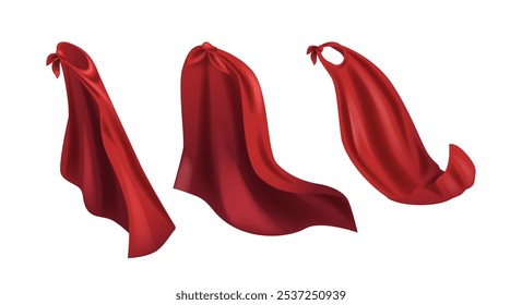 Conjunto De Três Capas De Super-Heróis Clássicos Vermelho Vibrante, Simbolizando Poder, Aventura E Força, Realista 3D Vetor Mockup