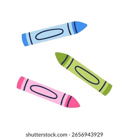 Conjunto de tres vibrantes crayones de cera en azul, verde y rosa sobre fondo blanco. Ilustración vectorial dibujada a mano.
