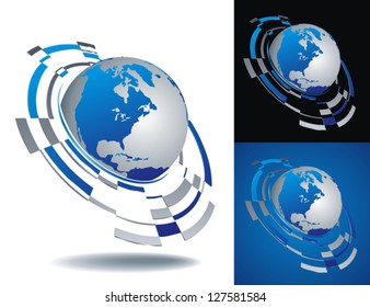 set of three view of abstract Earth globe on white, black and blue background