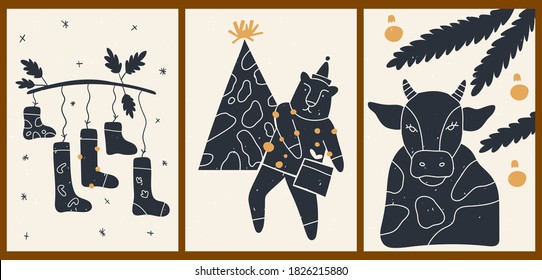 Set of three vintage abstract aesthetic Christmas posters. Invitation card for a New Year's party. Festive winter minimalist backgrounds with cow, bear, fir tree. Illustrations for social networks.