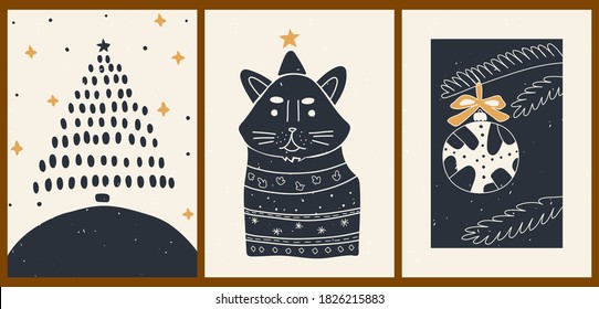 Set of three vintage abstract aesthetic Christmas posters. Invitation card for a New Year's party. Festive winter minimalist backgrounds with tree, cat, ball. Illustrations for social networks.