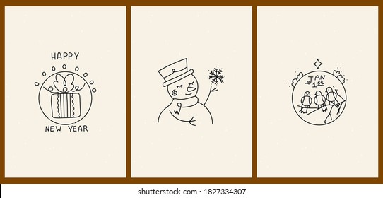 Set of three vintage abstract aesthetic Christmas posters for social media. Invitation card for a New Year's party. Festive winter minimalistic thin line backgrounds with birds, snowman, gifts. 